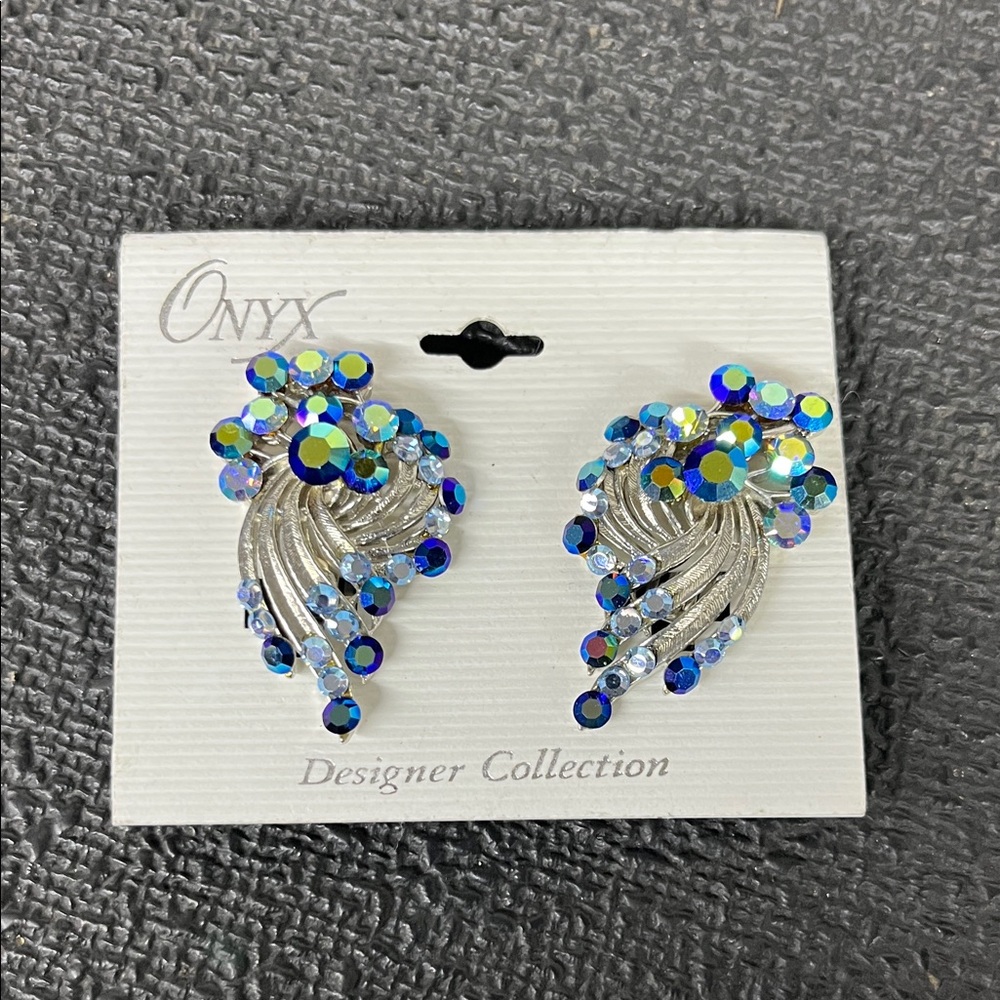 Onyx Iridescent Blue and Silver Clip on Earrings